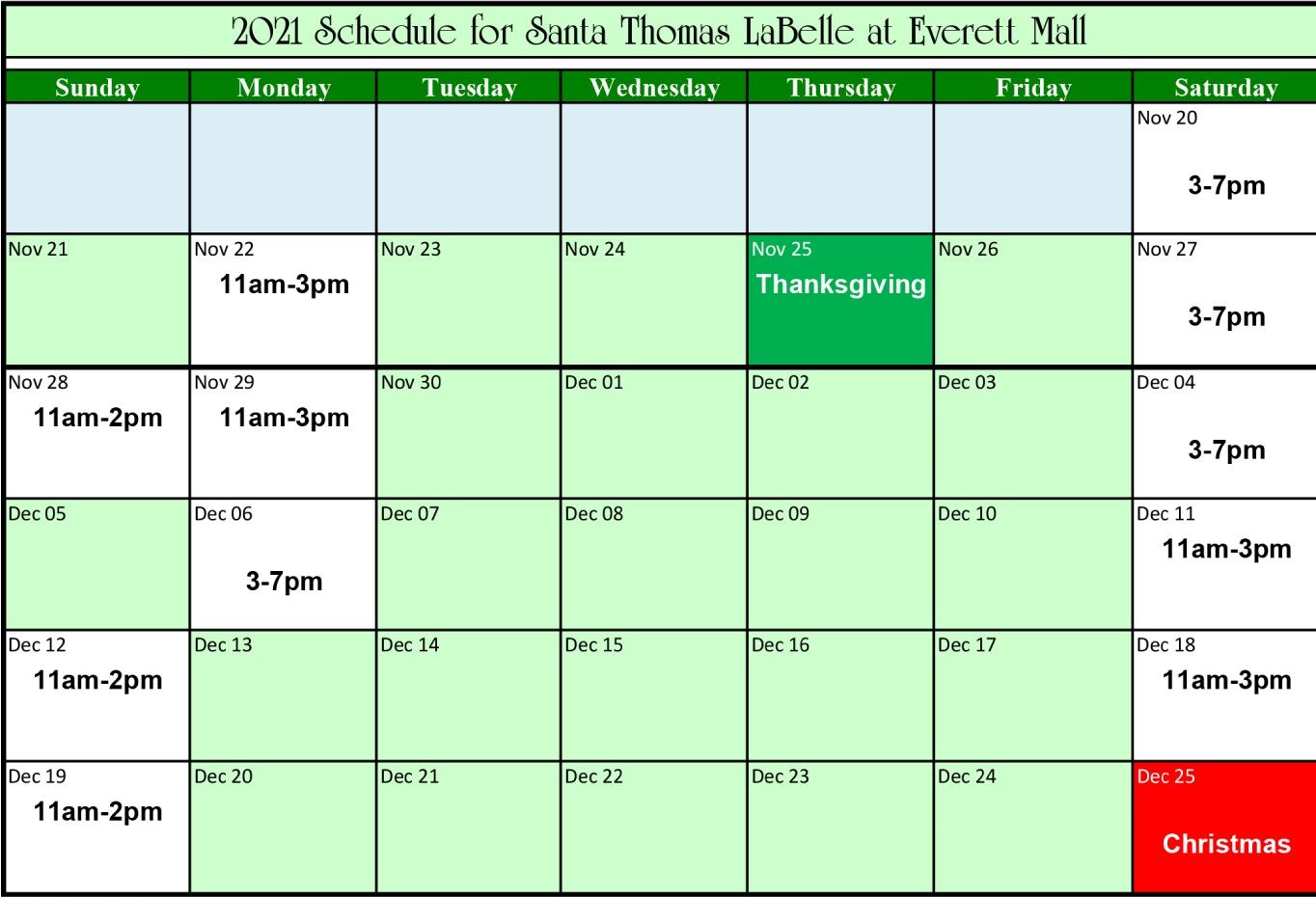 Santa Tom Schedule 2021